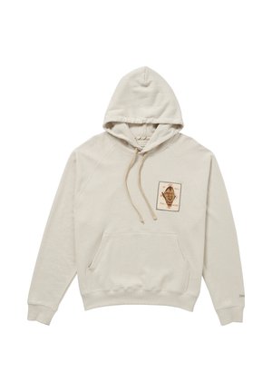Beżowa bluza z kapturem z przednią kieszenią kangurek oraz małą kwadratową naszywką z vintage'ową twarzą i napisem na piersi.