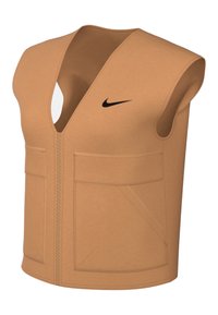 Tmavě béžová bezrukávová vesta s hlubokým véčkovým výstřihem, vybavená předním zipem a dvěma velkými kapsami. Černé logo Nike na levé straně. Hladká textura.