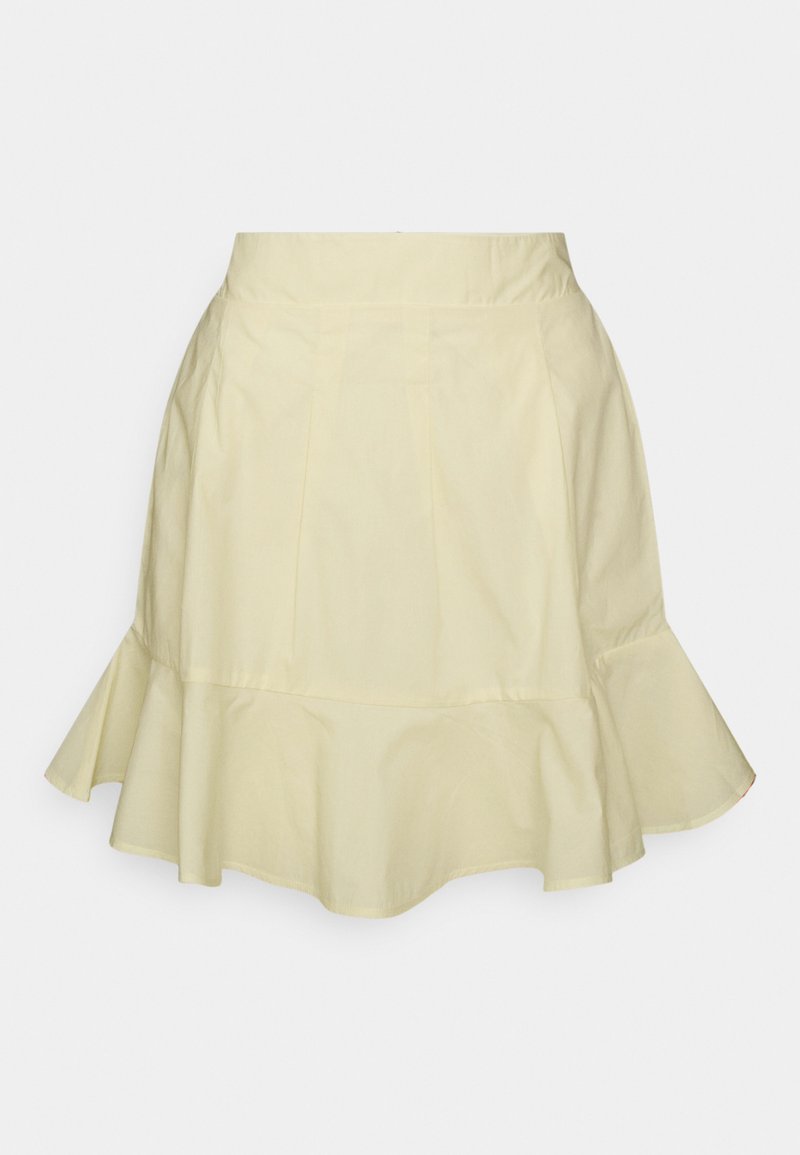 Saia gangada amarela clara feita de algodão. Apresenta uma cintura justa, pregas e uma bainha com volante para uma forma volumosa. Textura suave.