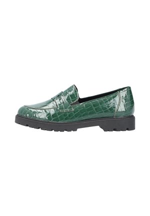 Groene patenten leren loafers met een krokodillenpatroon, zwarte rubberen zool en gestikte accenten. Instapmodel met een ronde neus.