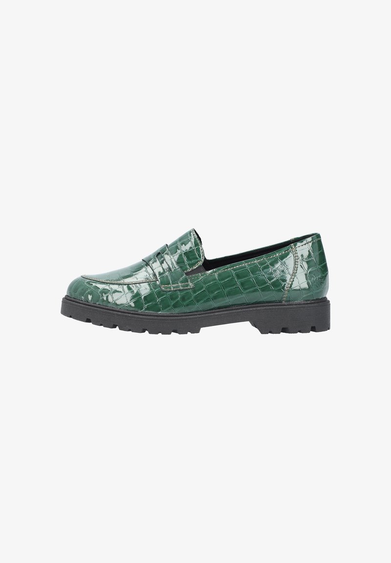 Groene patenten leren loafers met een krokodillenpatroon, zwarte rubberen zool en gestikte accenten. Instapmodel met een ronde neus.
