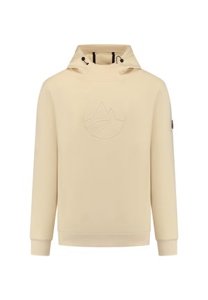 Beige hoodie met een hoge hals, een tonale berglogo op de borst en koorden met zwarte accenten. Ribgebreide manchetten en zoom.