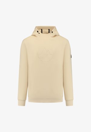 Beige hoodie met een hoge hals, een tonale berglogo op de borst en koorden met zwarte accenten. Ribgebreide manchetten en zoom.