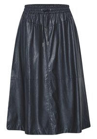 Jupe midi en cuir noir avec une taille élastique et un cordon de serrage. Présente une texture lisse et des détails de couture horizontaux.