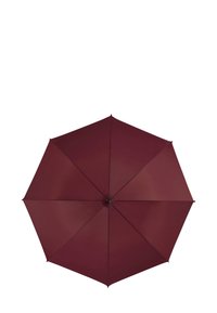 Burgunderfarbene Regenschirm mit acht Segmenten, gefertigt aus Stoff. Glatte Textur, abgerundete Spitze und ein runder Knopf in der Mitte zum Öffnen und Schließen.