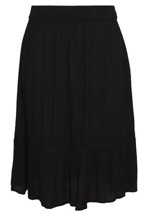 Jupe noire, longueur genou, en tissu léger avec un ourlet à volants en étages et une taille élastique, dotée de délicates accents de broderie.