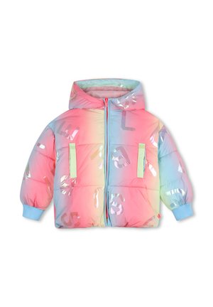 Kinder gewatteerd jack met capuchon in pastel regenboogkleuren, reflecterende verspreide letters, voorrits, twee verticale groene zakken en blauwe boorden.