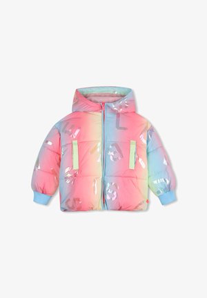 Kinder gewatteerd jack met capuchon in pastel regenboogkleuren, reflecterende verspreide letters, voorrits, twee verticale groene zakken en blauwe boorden.