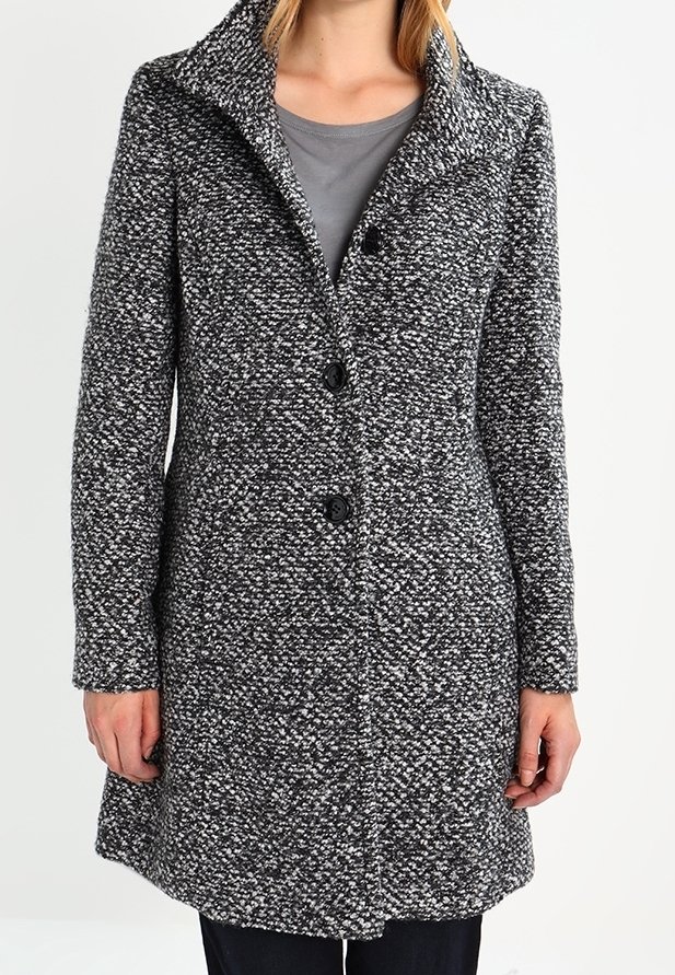 Grå og sort plettet uldfrakke med høj krave, knaplukning, lange ærmer og tekstureret stof. Enkel, skræddersyet design.