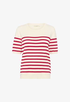 Maglietta a maniche corte a righe color crema con ampie righe orizzontali rosse, caratterizzata da un collo rotondo e una morbida texture a coste.