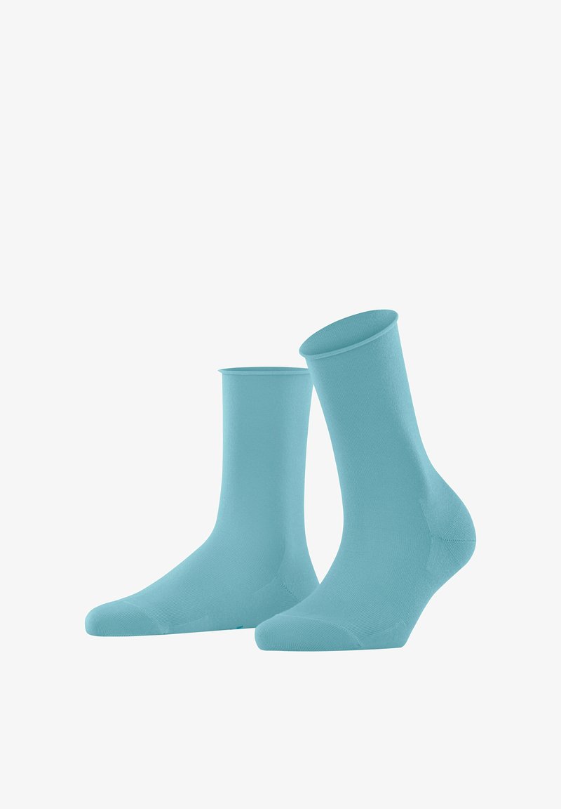 Light blue cotton socks with a smooth texture, mid-calf length, seamless toe construction, and reinforced heel and toe areas.