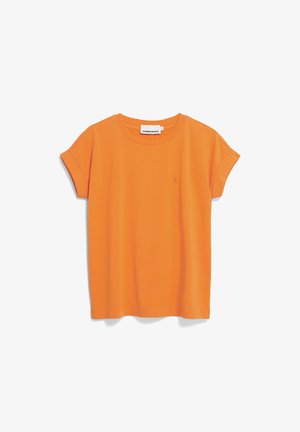 Orange Baumwoll-T-Shirt mit kurzen, aufgerollten Ärmeln. Verfügt über ein kleines gesticktes Logo auf der Brust. Einfacher, runder Ausschnitt und lockere Passform.