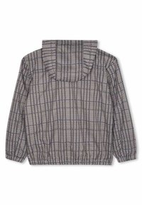 Casaco tipo pullover com colarinho alto, apresentando um padrão checkered texturizado em preto e branco, punhos elásticos e um corte descontraído.