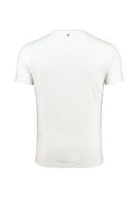Effen wit T-shirt met korte mouwen, weergegeven vanaf de achterkant met een klein, rond label bij de halslijn.