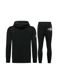Zwart hoodie- en joggingset gemaakt van zacht materiaal. Voorzien van een logo op de bovenarm en dij, met geribbelde manchetten en tailleband.