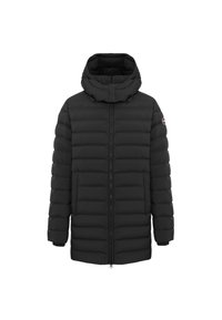 Black puffer jacket with a high neck and hood, featuring horizontal quilted sections, a front zipper, and side pockets.
