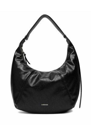 Czarna skórzana torba hobo z pojedynczym paskiem na ramię, zamkiem błyskawicznym oraz małym logo LASOCKI na środku przodu.