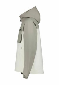 Kaki- och vit vattentät jacka med huva, som har en framficka och dragkedjor. Tillverkad av ett fint, lättviktigt material.