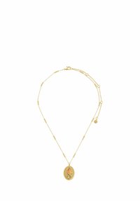 Gold necklace featuring a textured oval pendant with floral design, accented by small beads and a lobster clasp closure.
