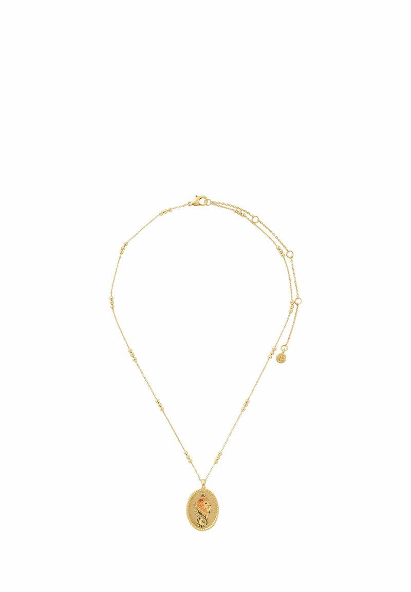 Gold necklace featuring a textured oval pendant with floral design, accented by small beads and a lobster clasp closure.