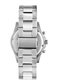 RVS horloge met een gepolijste en geborstelde afwerking. Heeft een ronde kast, zilverkleurige chronograafknoppen en een gemarkeerde sluiting.