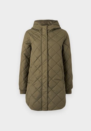 Olijfgroene gewatteerde jas met capuchon, voorzien van een ritssluiting aan de voorkant, lange mouwen en elastische boorden voor warmte en comfort.