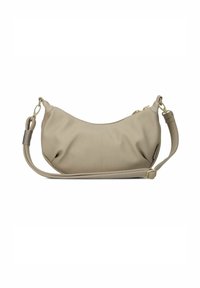 Borsa a spalla in pelle beige con design curvo, hardware dorato e tracolla rimovibile. Texture liscia con una sottile dettagli di cucitura.