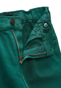 Pantalons en denim vert avec fermeture éclair dorée et détail de bouton. Le matériau est texturé, avec une finition intérieure lisse et des coutures solides.