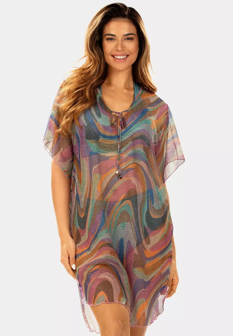 Wielokolorowy, przezroczysty narzut z wirującymi wzorami w niebieskim, pomarańczowym i zielonym kolorze. Posiada wiązanie przy szyi oraz luźny, zwiewny fason.