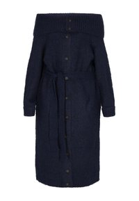 Kötött tengerészkék ruha off-shoulder dekoltázzsal, hosszú ujjal, gombos elülső résszel és övvel. Jellemzői a bordázott anyag és öt barna gomb.