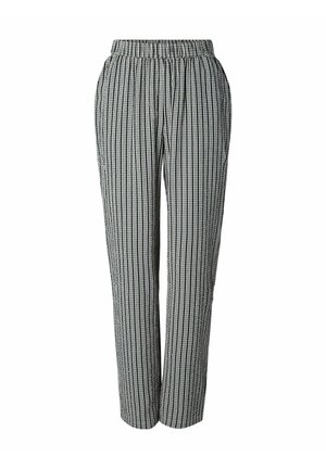 Pantalon rayé vertical noir et blanc avec taille élastique et poches latérales, coupe droite, adapté pour un usage décontracté ou au bureau.