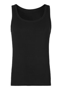Black tank top made of cotton. Features a rounded neckline and wide shoulder straps. Smooth texture with a fitted silhouette. No patterns or accents.