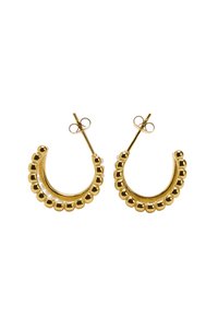 Złote kolczyki koła o zakrzywionym kształcie z teksturowanymi akcentami w formie koralików wzdłuż zewnętrznej krawędzi. Posiadają zapięcie na sztyft i motylkowe zapięcie.