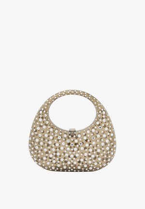 Beige plastik håndtaske med en rund form, prydet med hvide, runde udsmykninger over overfladen og en top hanke.