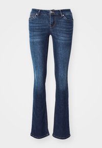 Mörkblå utsvängda jeans gjorda av denim. Har fem fickor, en dragkedja med knappstängning och subtil blekning på framsidan av låren.