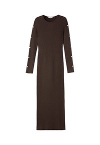 Rochie din material ribbed, cu mâneci lungi, de culoare maro închis, având guler rotund și nasturi decorativi pe mâneci pentru un plus de detaliu.