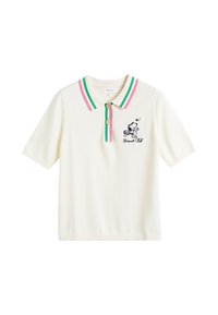 Korte mouwen polo shirt in crème met een roze en groene gestreepte kraag, voorzien van een Snoopy cartoonafbeelding en twee houten knopen.