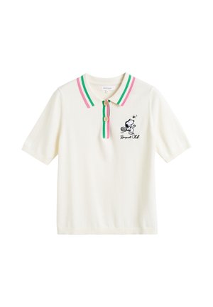 Korte mouwen polo shirt in crème met een roze en groene gestreepte kraag, voorzien van een Snoopy cartoonafbeelding en twee houten knopen.