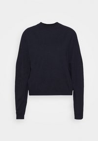 Maglione lavorato a maglia di colore blu navy con maniche lunghe e colletto alto, caratterizzato da un design aderente e da una texture liscia. Senza motivi o accenti visibili.