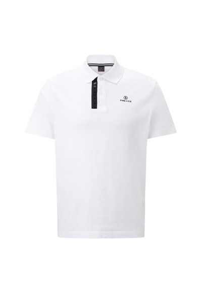 White polo shirt made of cotton with a solid color, featuring a three-button placket, short sleeves, and a black logo label at the collar.