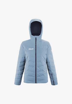 Light blue padded jacket with a hood, featuring a front zipper, elastic cuffs, and a logo on the chest, crafted from a smooth material.
