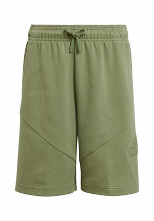Pantaloni corti verde khaki in morbido cotone misto con vita elastica, coulisse e cuciture angolate; presenta un logo in rilievo sul lato.
