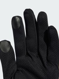 Zwarte handschoenen met een textuurafwerking en vingertoppen met een gladde, rubberen grip. Ontworpen voor functionaliteit en duurzaamheid.