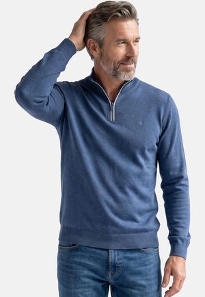 Man met grijs haar en baard, die een blauwe trui met kwartrits en jeans draagt, zijn hoofd aanraakt en schuin kijkt met een lichte glimlach.