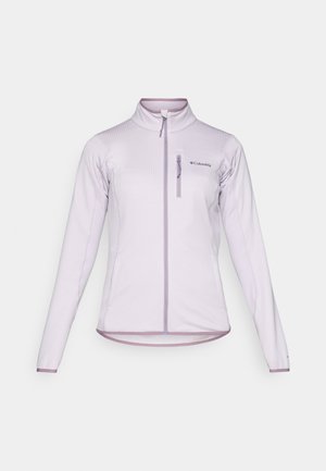 Helle lavendelfarbene Zip-Jacke mit hohem Kragen, strukturiertem Stoff und passendem Akzentbesatz. Verfügt über eine Brusttasche und lange Ärmel.