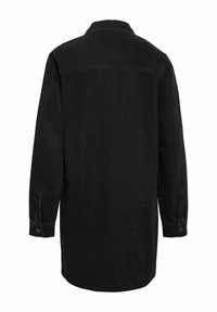 Dlouhá černá džínová bunda s knoflíkovými manžetami, rovný zádový šev a klasický límec, zobrazená zezadu na bílém pozadí.