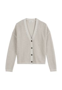 Light gray knitted cardigan featuring a v-neck, long sleeves, and five black buttons down the front with ribbed cuffs and hem.