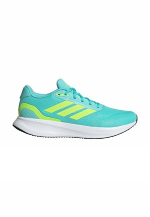 Zapatilla de correr turquesa con parte superior de malla, tres franjas amarillas, cuello acolchado y entresuela blanca con suela exterior negra texturizada.