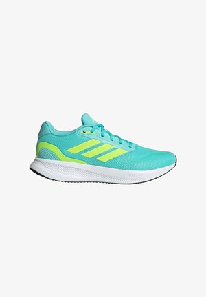 Turquoise running shoe with mesh upper, three yellow stripes, padded collar, and white midsole with textured black outsole.