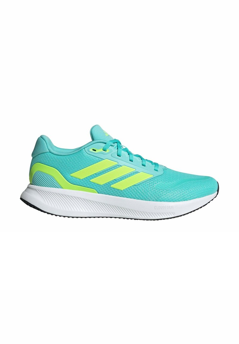 Turquoise running shoe with mesh upper, three yellow stripes, padded collar, and white midsole with textured black outsole.